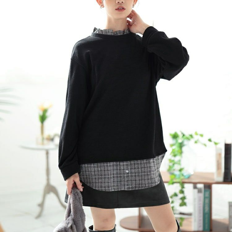 大きいサイズ レディース 静電気防止チェック柄フリル襟重ね着風プルオーバー　cast-5552001