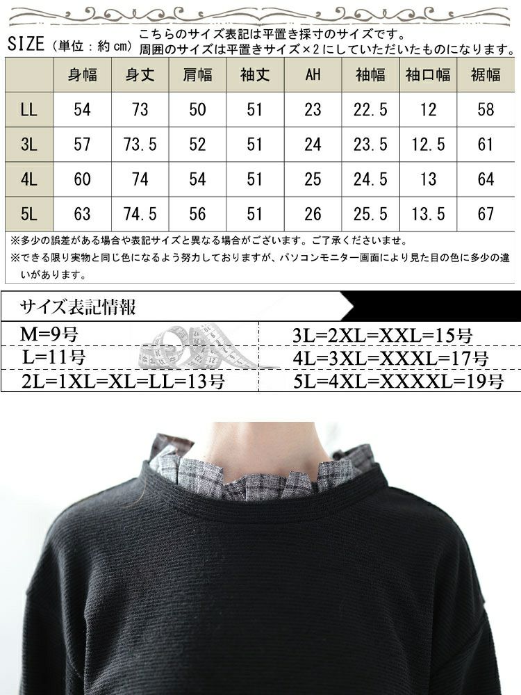 大きいサイズ レディース 静電気防止チェック柄フリル襟重ね着風プルオーバー　cast-5552001
