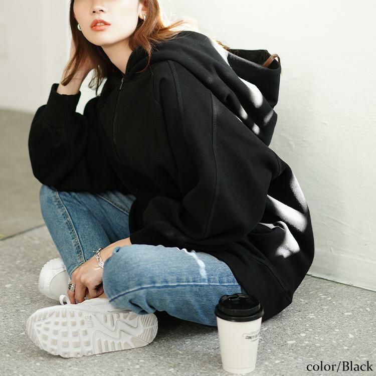 大きいサイズ レディース 裏起毛ビッグフードドルマンZIPパーカー　maru-30084 ブラック