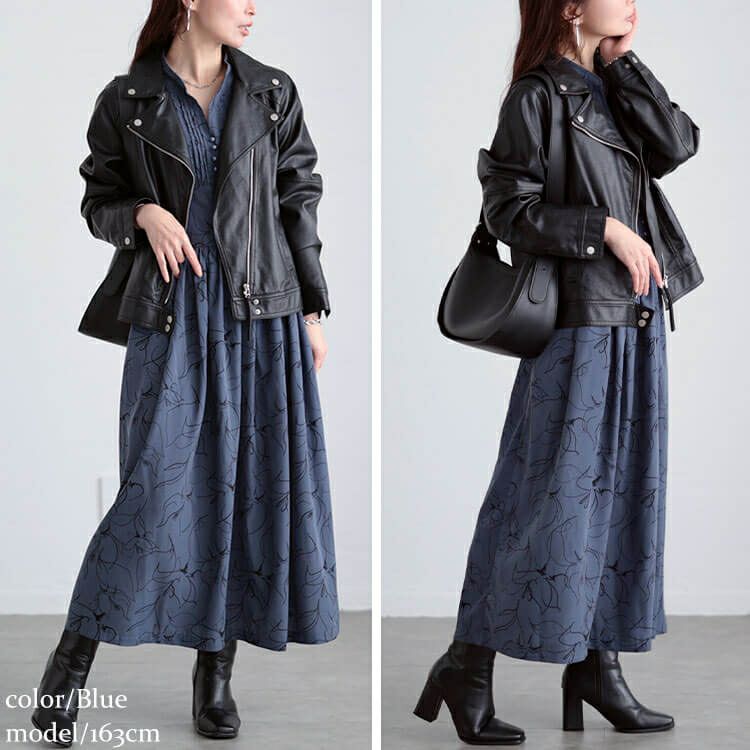 大きいサイズ レディース ウエスト切り替えピンタック花柄ワンピース　maru-30098