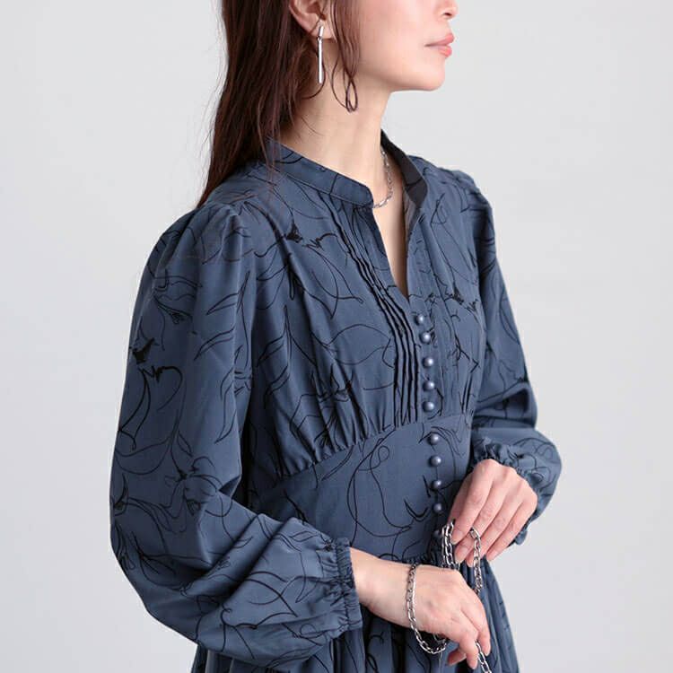 大きいサイズ レディース ウエスト切り替えピンタック花柄ワンピース　maru-30098