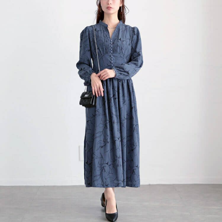 大きいサイズ レディース ウエスト切り替えピンタック花柄ワンピース　maru-30098