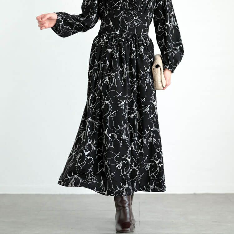 大きいサイズ レディース ウエスト切り替えピンタック花柄ワンピース　maru-30098