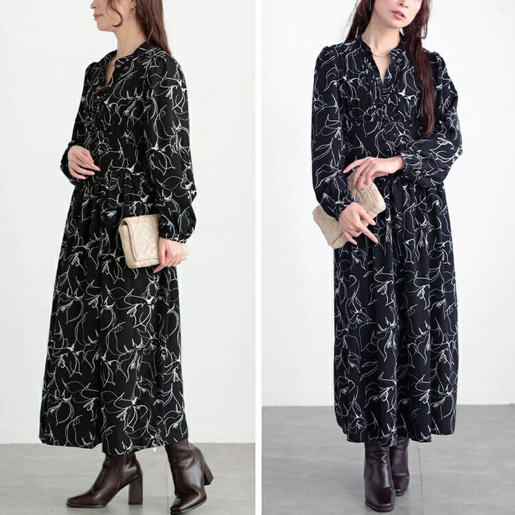 大きいサイズ レディース ウエスト切り替えピンタック花柄ワンピース　maru-30098