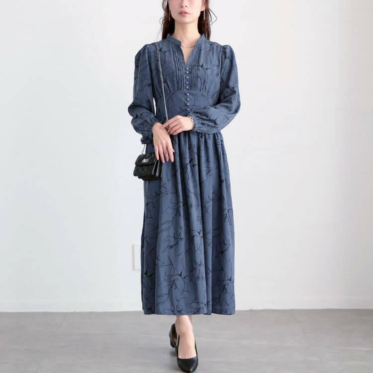 大きいサイズ レディース ウエスト切り替えピンタック花柄ワンピース　maru-30098 ブルー