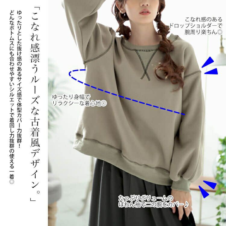 大きいサイズ レディース 裏起毛配色ステッチワイドプルオーバー　maru-30085