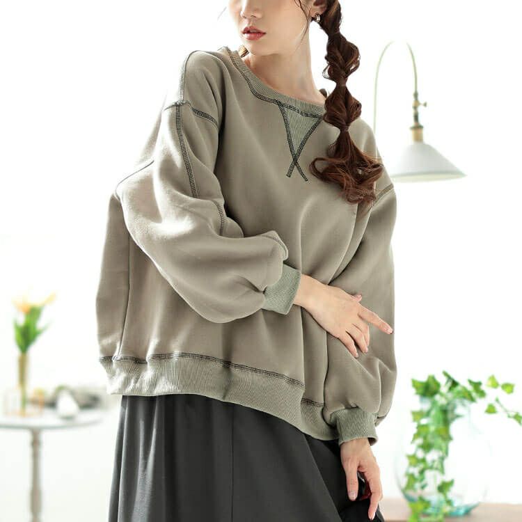 大きいサイズ レディース 裏起毛配色ステッチワイドプルオーバー　maru-30085