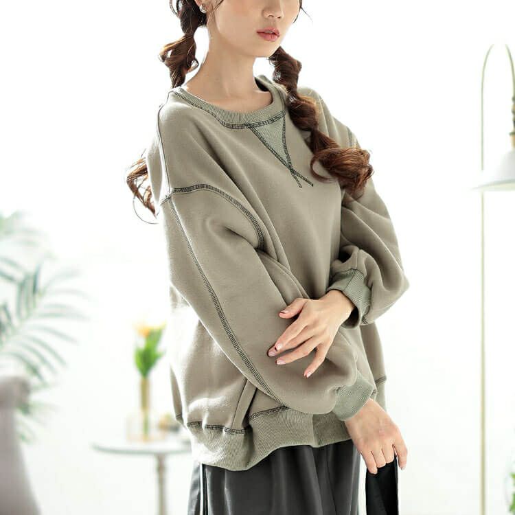 大きいサイズ レディース 裏起毛配色ステッチワイドプルオーバー　maru-30085