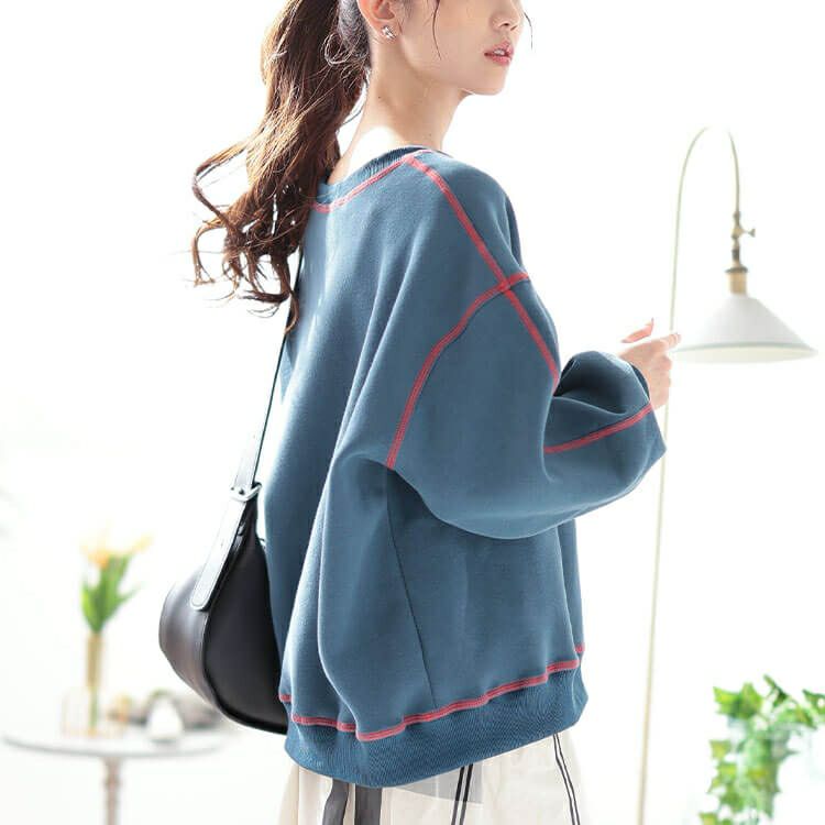 大きいサイズ レディース 裏起毛配色ステッチワイドプルオーバー　maru-30085