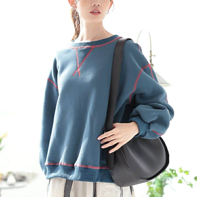 大きいサイズ レディース 裏起毛配色ステッチワイドプルオーバー　maru-30085