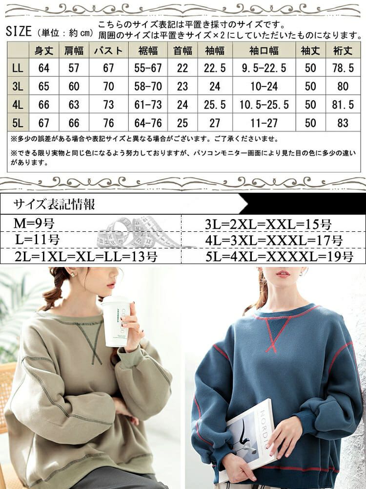 大きいサイズ レディース 裏起毛配色ステッチワイドプルオーバー　maru-30085