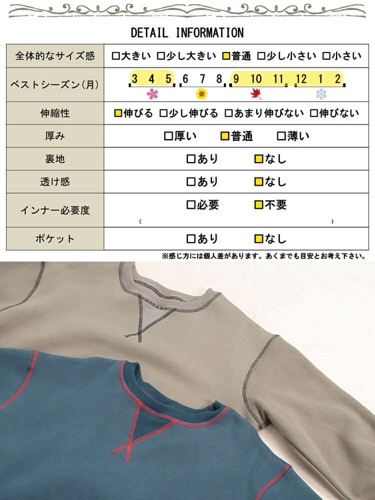 大きいサイズ レディース 裏起毛配色ステッチワイドプルオーバー　maru-30085