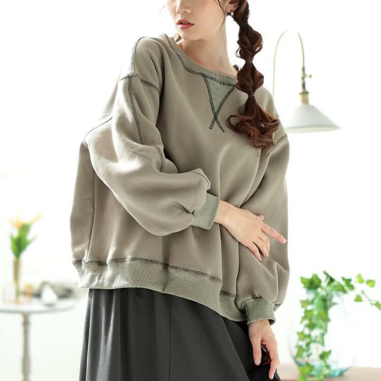 大きいサイズ レディース 裏起毛配色ステッチワイドプルオーバー　maru-30085 グレージュ