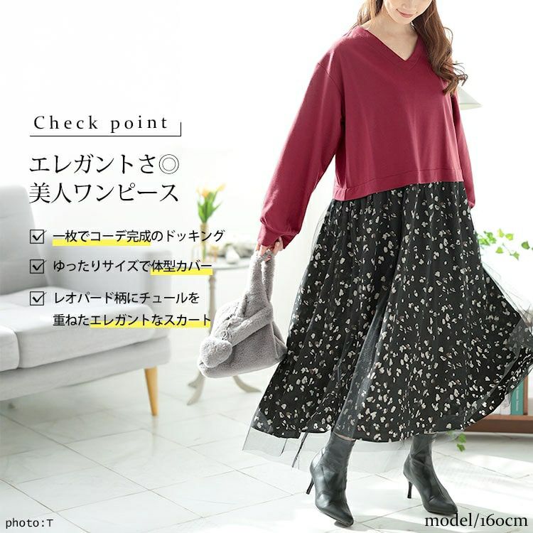 大きいサイズ レディース レオパード＆チュールドッキングワンピース　fem-551