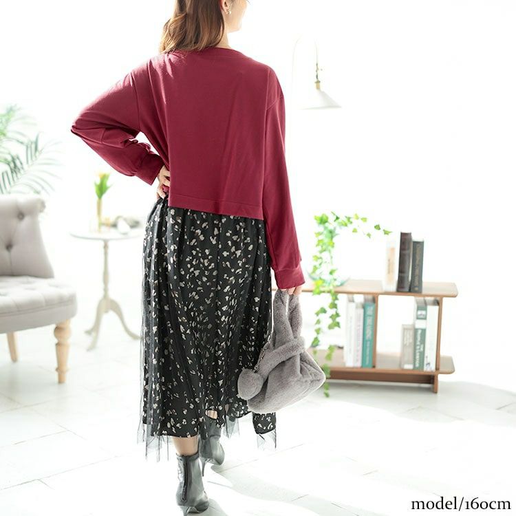 大きいサイズ レディース レオパード＆チュールドッキングワンピース　fem-551