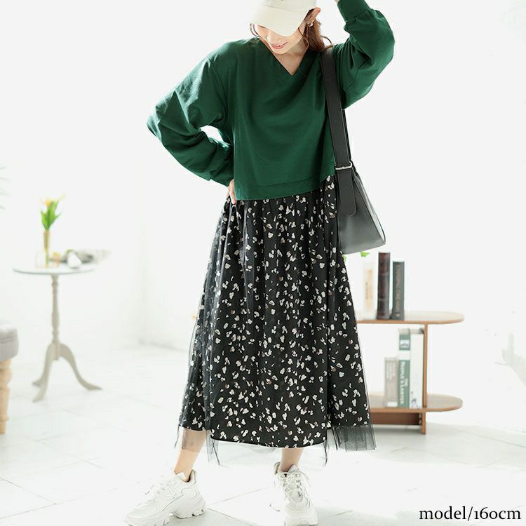 大きいサイズ レディース レオパード＆チュールドッキングワンピース　fem-551