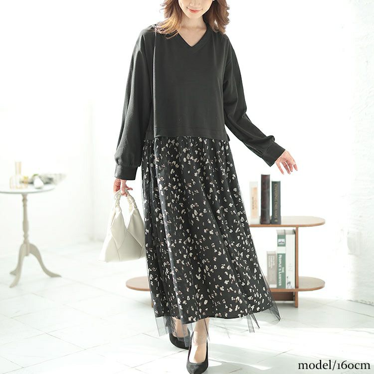 大きいサイズ レディース レオパード＆チュールドッキングワンピース　fem-551