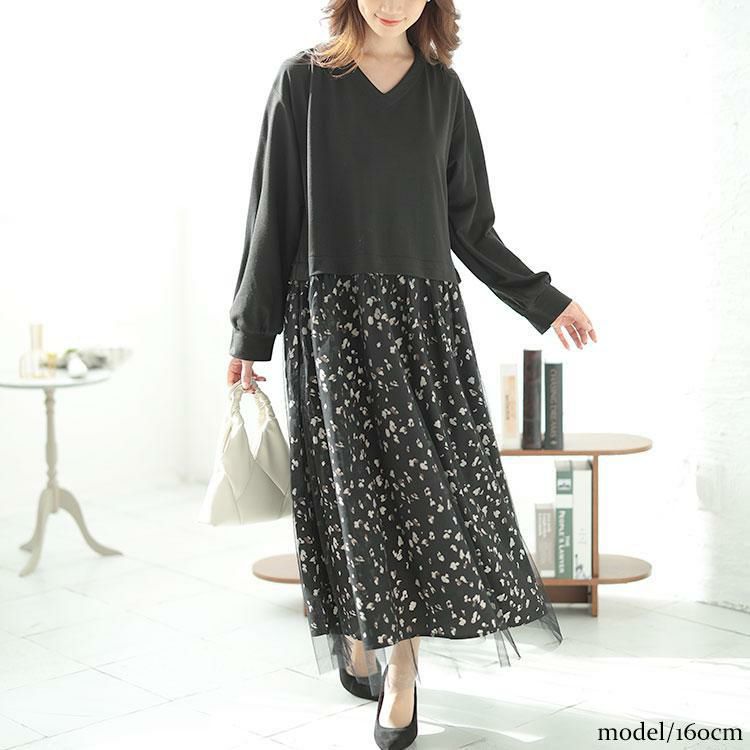 大きいサイズ レディース レオパード＆チュールドッキングワンピース　fem-551 ブラック