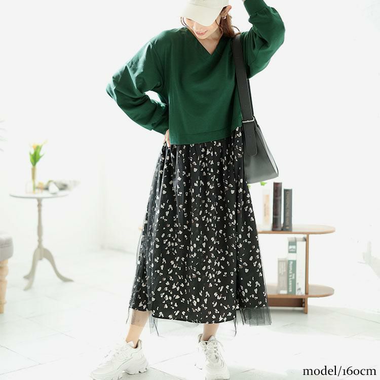 大きいサイズ レディース レオパード＆チュールドッキングワンピース　fem-551 グリーン