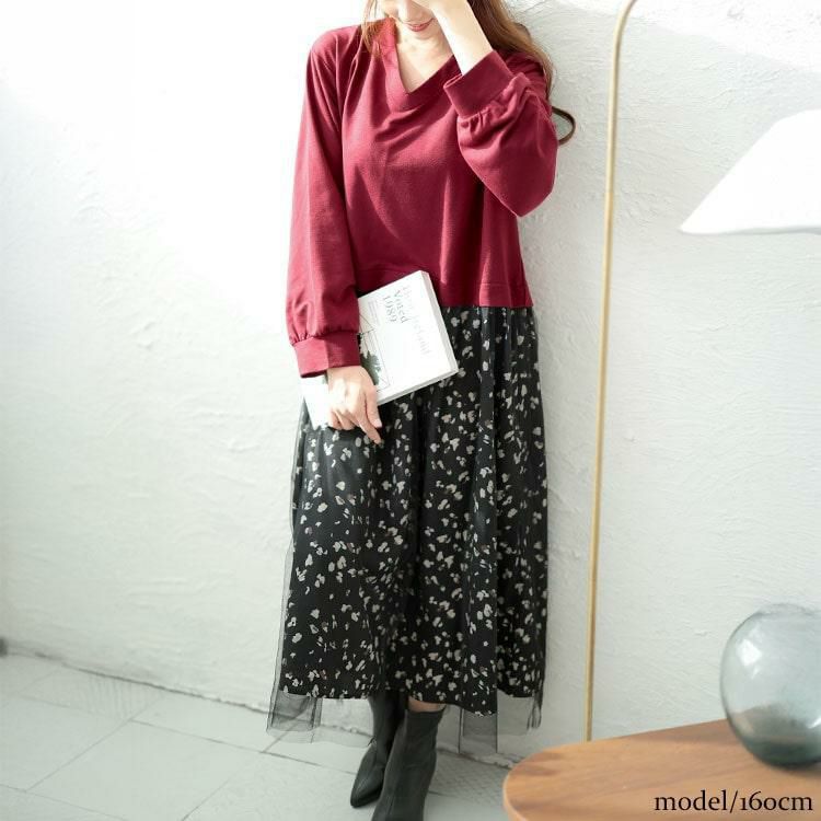 大きいサイズ レディース レオパード＆チュールドッキングワンピース　fem-551 ワイン