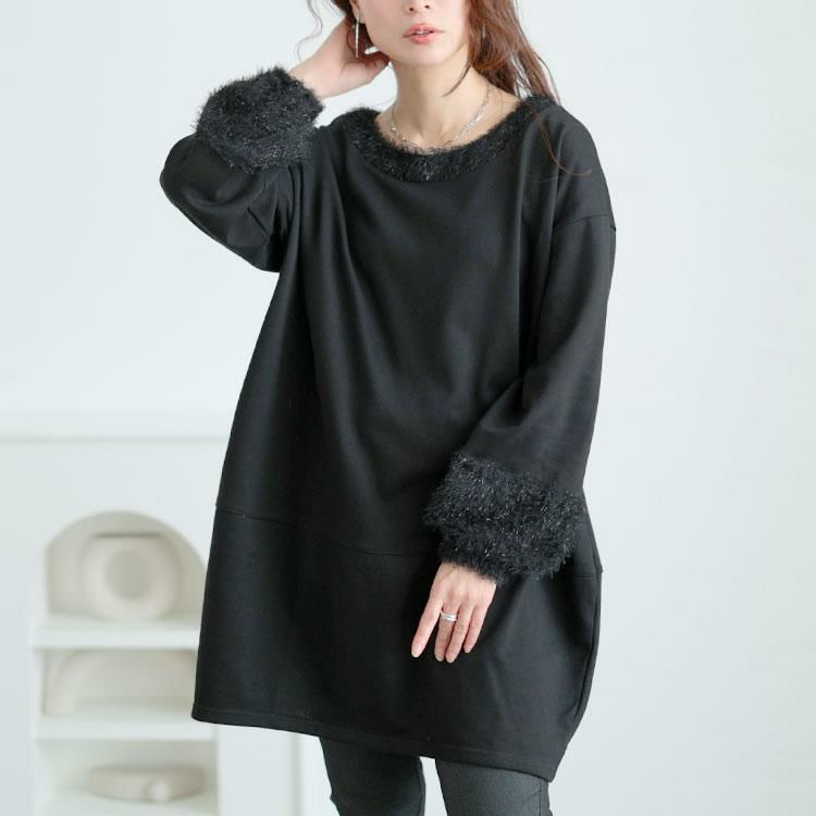 大きいサイズ レディース ラメシャギー切り替えコクーンチュニック　fem-549 ブラック