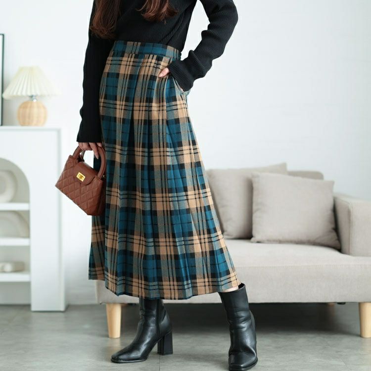 大きいサイズ レディース チェック柄ストレッチ微起毛プリーツスカート　cpdai-640629