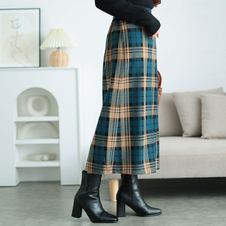 大きいサイズ レディース チェック柄ストレッチ微起毛プリーツスカート　cpdai-640629