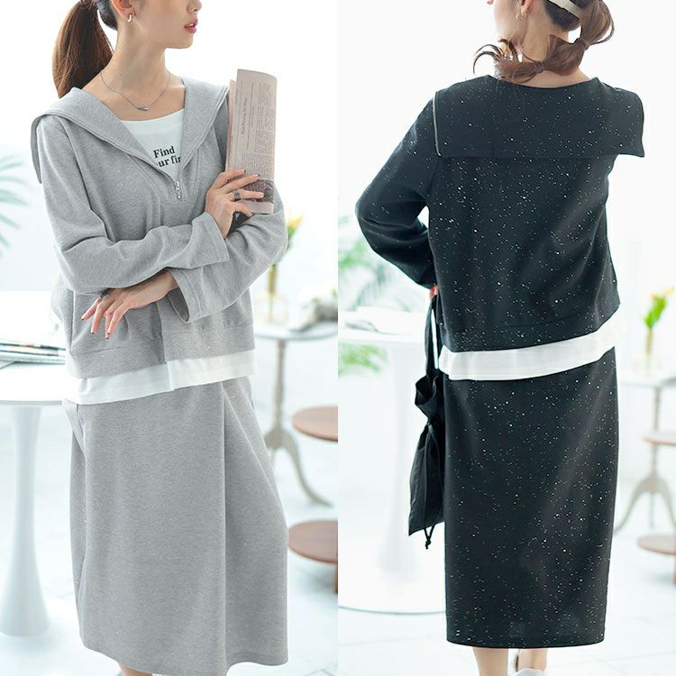 大きいサイズ レディース 重ね着風ラメハーフジップトップス＆ロングスカートセット　goldy-1628