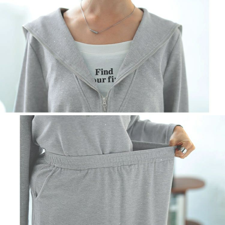 大きいサイズ レディース 重ね着風ラメハーフジップトップス＆ロングスカートセット　goldy-1628