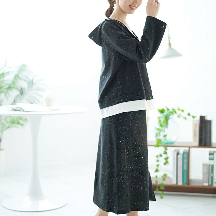 大きいサイズ レディース 重ね着風ラメハーフジップトップス＆ロングスカートセット　goldy-1628