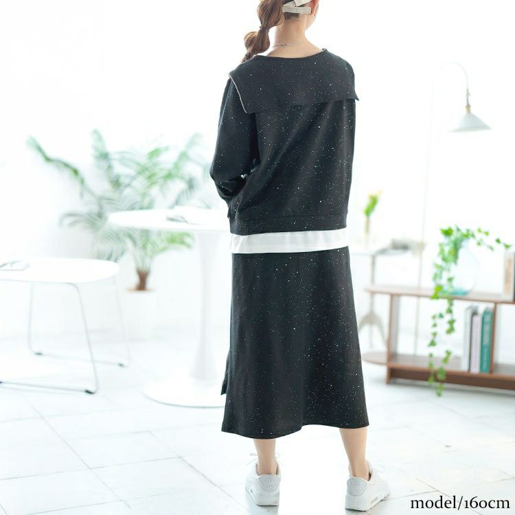 大きいサイズ レディース 重ね着風ラメハーフジップトップス＆ロングスカートセット　goldy-1628