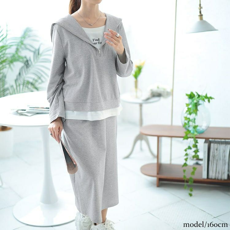 大きいサイズ レディース 重ね着風ラメハーフジップトップス＆ロングスカートセット　goldy-1628