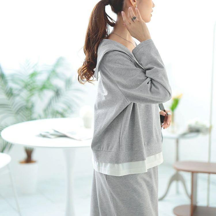 大きいサイズ レディース 重ね着風ラメハーフジップトップス＆ロングスカートセット　goldy-1628