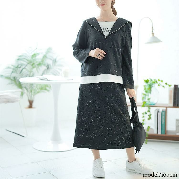 大きいサイズ レディース 重ね着風ラメハーフジップトップス＆ロングスカートセット　goldy-1628 ブラック