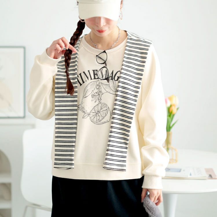 大きいサイズ レディース つけ襟付きスウェット＆ロングスカートセット　goldy-1627