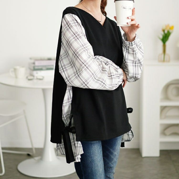 大きいサイズ レディース サイドリボンフェイクレイヤードチュニック　cast-5552011