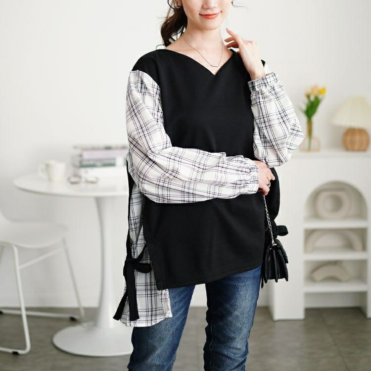 大きいサイズ レディース サイドリボンフェイクレイヤードチュニック　cast-5552011