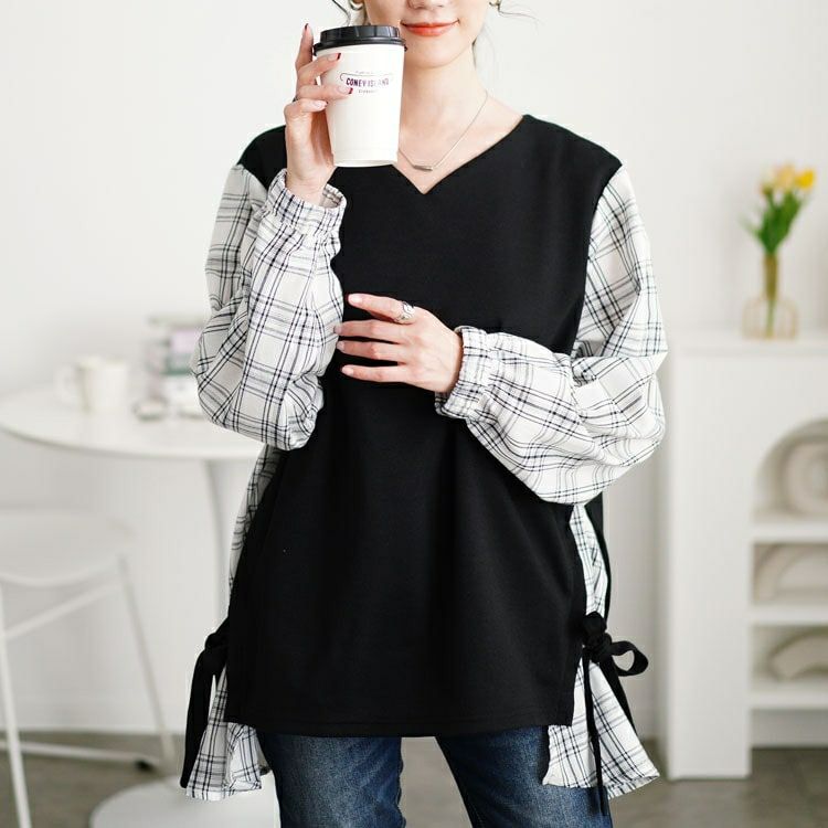 大きいサイズ レディース サイドリボンフェイクレイヤードチュニック　cast-5552011