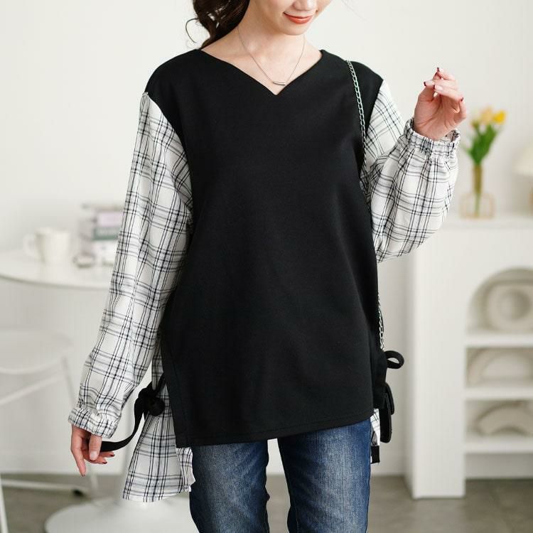 大きいサイズ レディース サイドリボンフェイクレイヤードチュニック　cast-5552011 ブラック