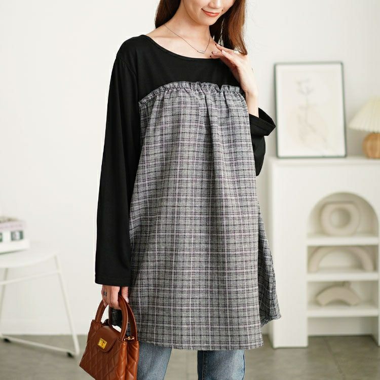 大きいサイズ レディース チェック柄ギャザー切り替えチュニック　cast-5552012 【メール便可】