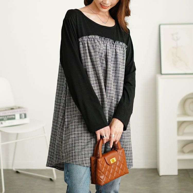 大きいサイズ レディース チェック柄ギャザー切り替えチュニック　cast-5552012 【メール便可】