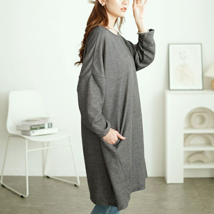 大きいサイズ レディース 内側チェック切り替えドルマンワンピース　cast-5552003