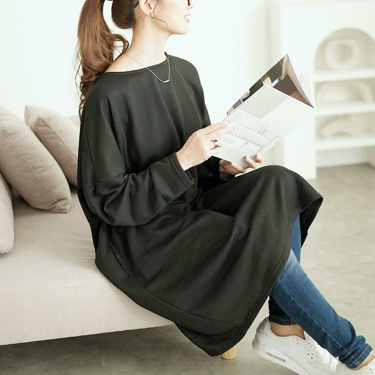 大きいサイズ レディース 内側チェック切り替えドルマンワンピース　cast-5552003 ブラック