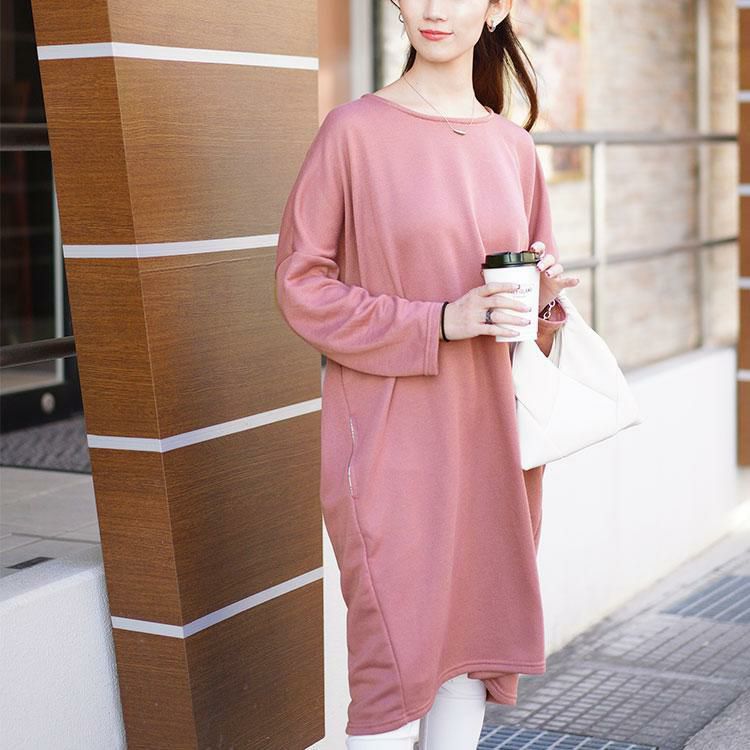 大きいサイズ レディース 内側チェック切り替えドルマンワンピース　cast-5552003 ピンク