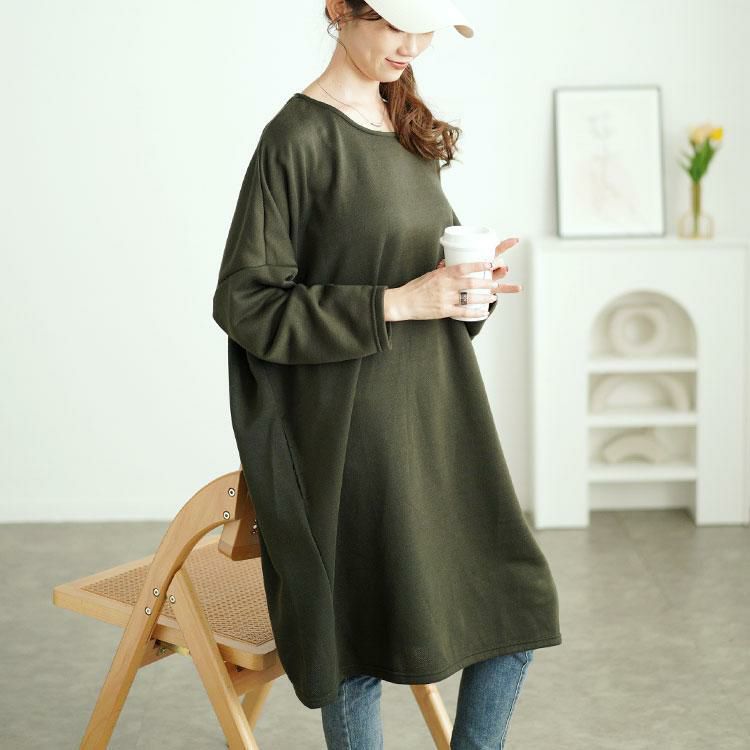 大きいサイズ レディース 内側チェック切り替えドルマンワンピース　cast-5552003 カーキ