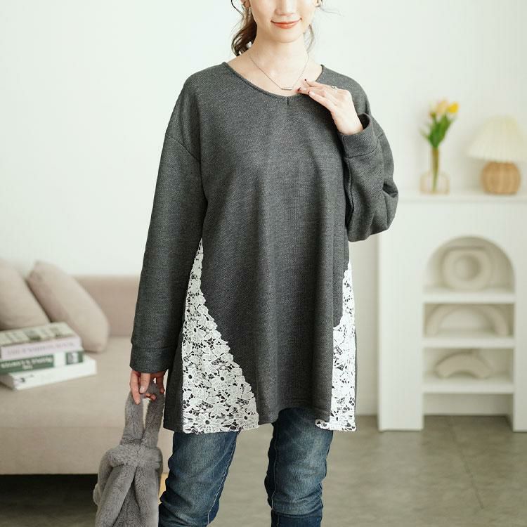 大きいサイズ レディース サイドレース切り替えチュニック　cast-5552002 杢グレー