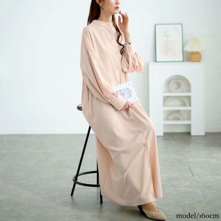 大きいサイズ レディース バンドカラーシャツワンピース　goldy-1644 ベージュ