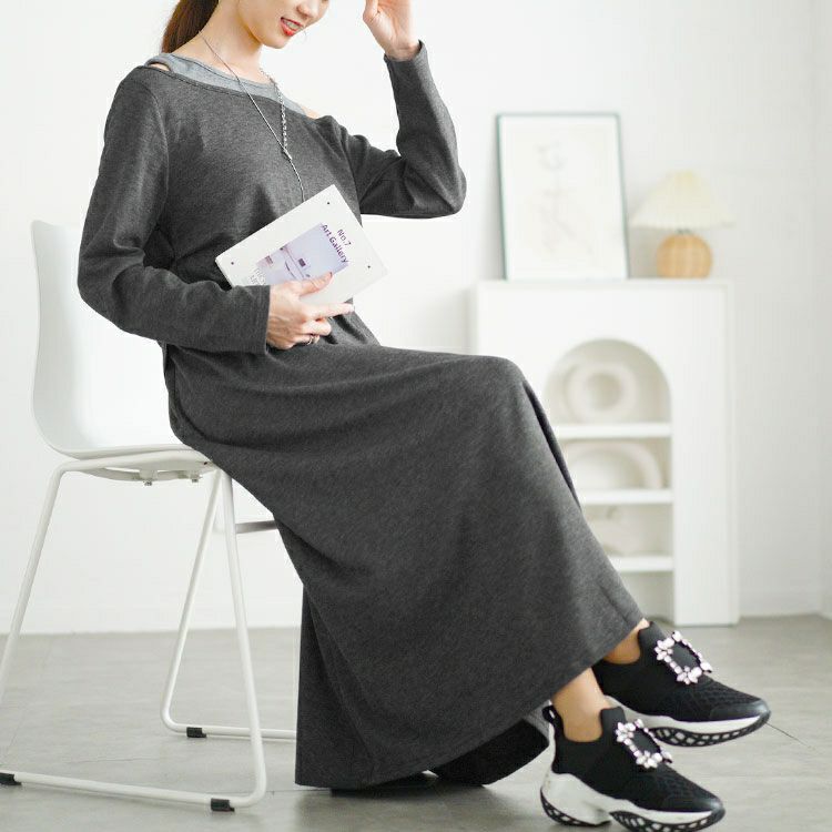 大きいサイズ レディース 重ね着風オフショルトップス＆ロングスカートセット　goldy-1655