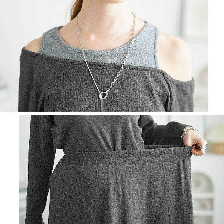 大きいサイズ レディース 重ね着風オフショルトップス＆ロングスカートセット　goldy-1655