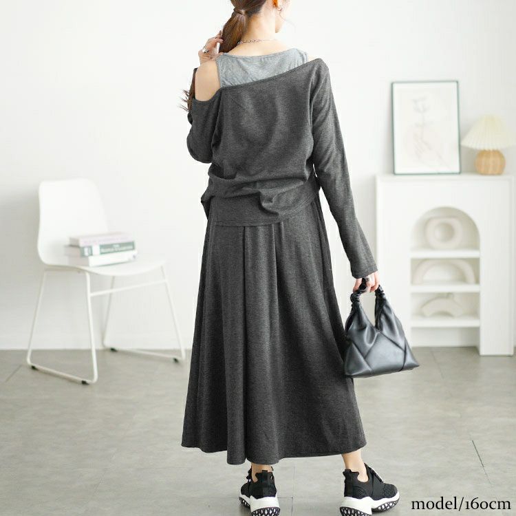 大きいサイズ レディース 重ね着風オフショルトップス＆ロングスカートセット　goldy-1655